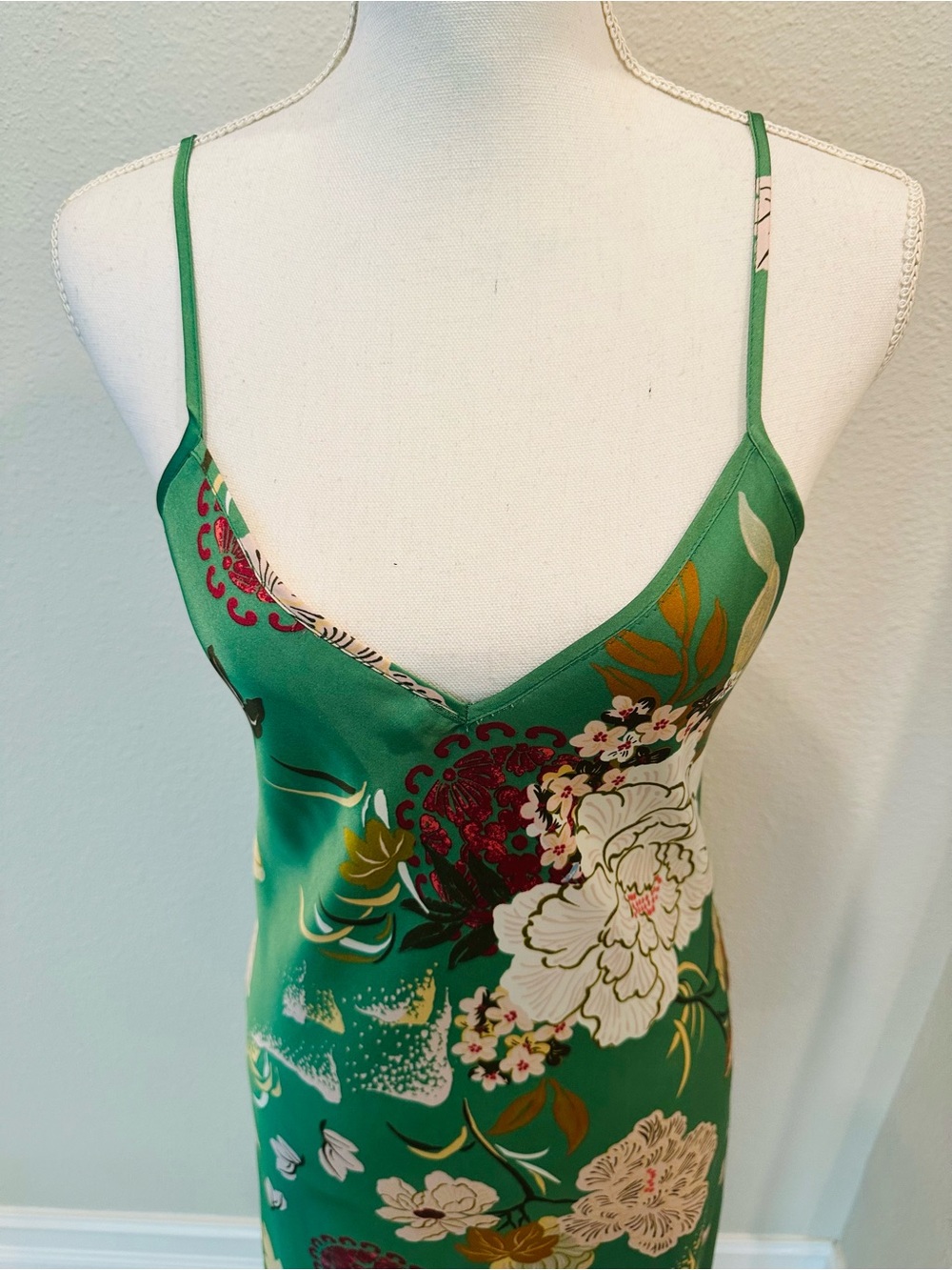 NWT Zara Women’s Size Small - Green Floral Slip Dress - V-Neck Maxi - Picture 2 of 8